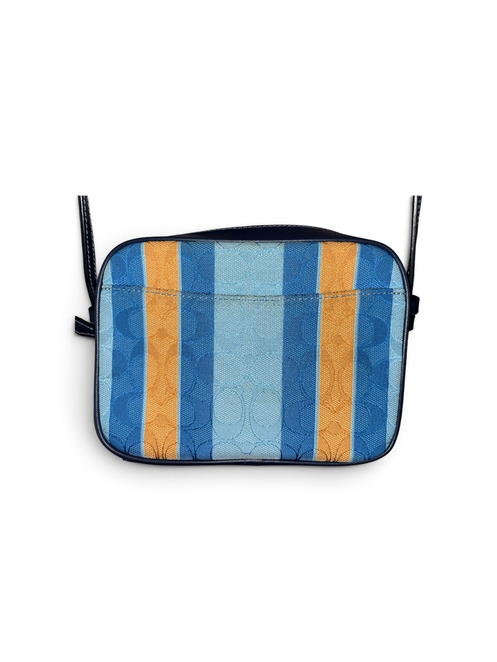Coach mini Camera bag in yellow and blue stripes and a blue wristlet wallet. - Picture 5 of 7